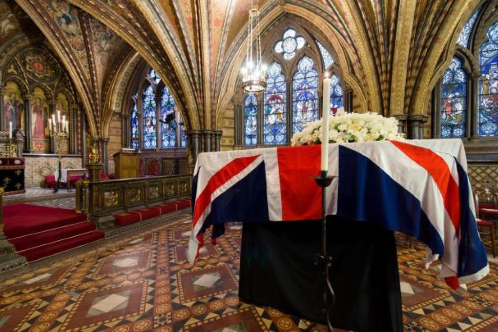 The flag-draped coffin containing the remains of Baroness Margaret Thatcher is laid in the Chapel of St Mary Undercroft beneath the Houses of Parliament in central London. Photo: EPA