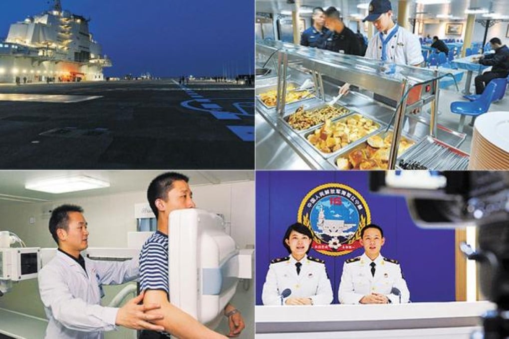 Beneath the expansive decks of the aircraft carrier Liaoning, facilities enjoyed by the ship's crew include a canteen, medical centre and on-air studio. Photos: SCMP