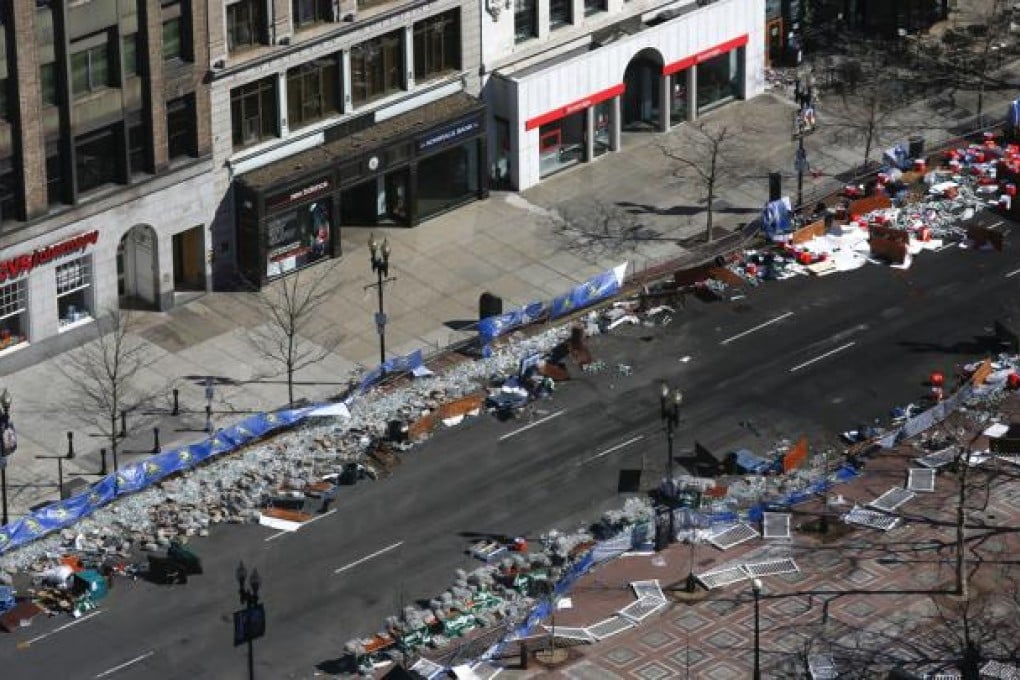 The abandoned Boston Marathon water station near the site of two bomb explosions. Photo: NYT