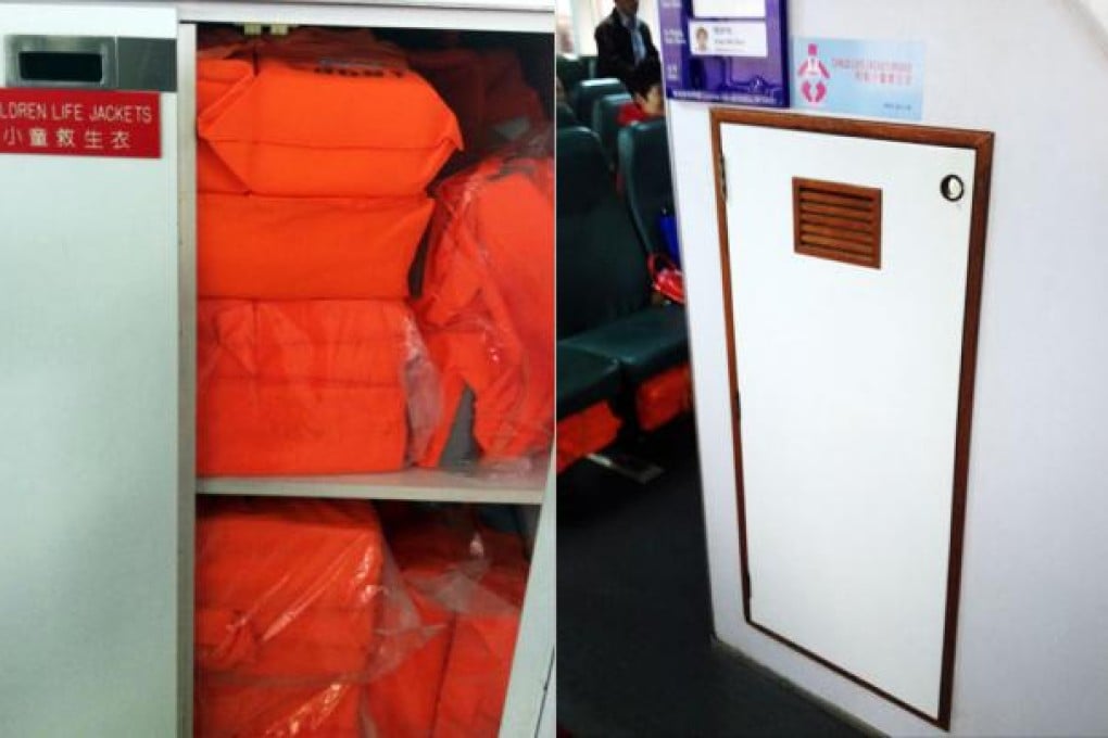 A compartment with easily accessible children’s life vests. The Sea Supreme’s compartment storing life jackets for children (right) was locked last Tuesday afternoon. Photos: Simpson Cheung