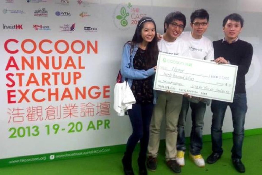 Carshare.hk members (from left) Joyce Kan, Thomas Wong, Alfred Lau and Christopher Yeung with their cheque at the CoCoon exchange.