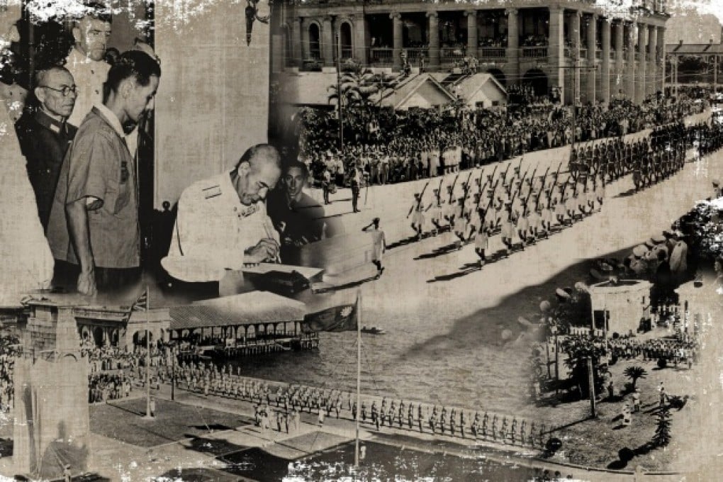 Clockwise from top left: Japanese vice-admiral Ruitaro Fujita signs Japan's surrender in Hong Kong September 16, 1945; a parade in Central a month later; the Union flag is raised at Government House. Photos: Public Records Office, AFP, SMP Pictures