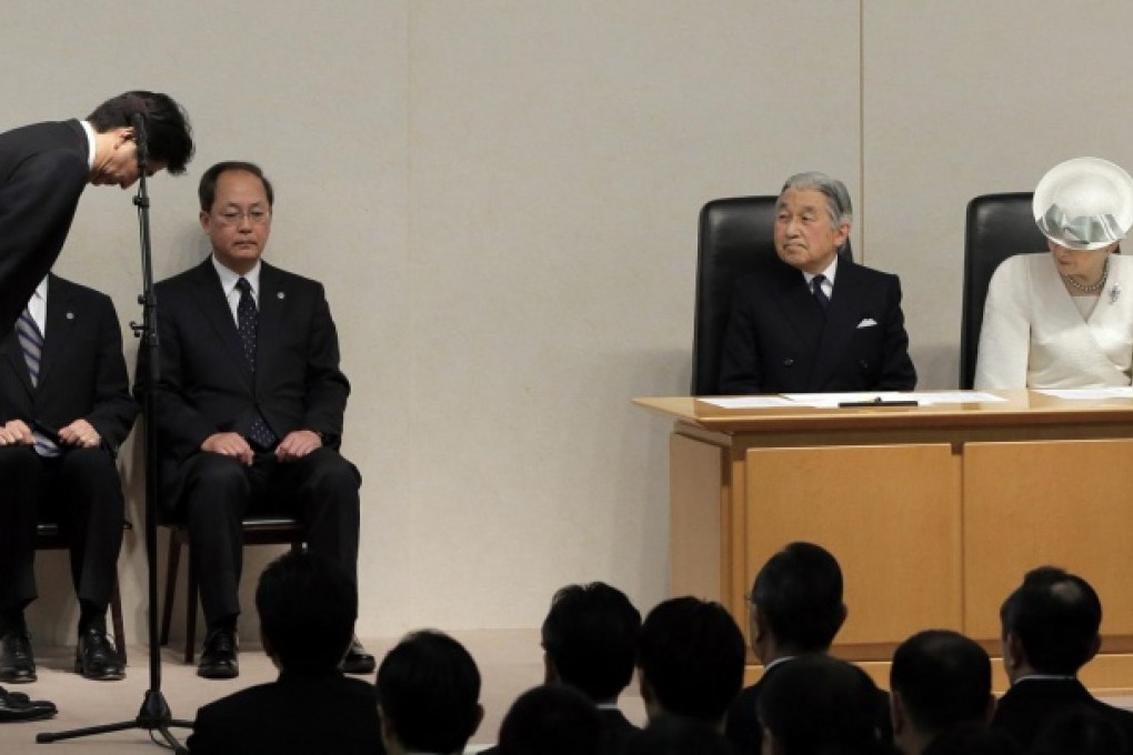 Prime Minister Shinzo Abe bows to Emperor Akihito and Empress Michiko before giving his sovereignty-day speech. Photo: Reuters