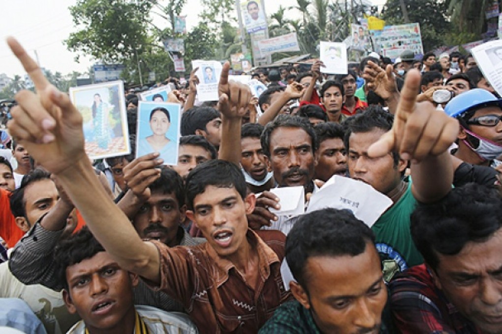 Relatives shout slogans during protest to demand capital punishment for those responsible for collapse of Rana Plaza building in Savar. Photo Reuters