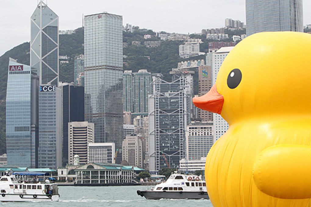 Rubber Duck is unveiled in Hong Kong on Thursday. Photo: Felix Wong