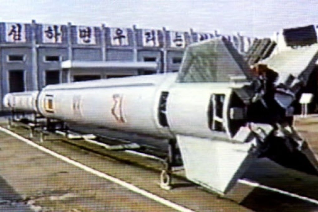 North Korean Central Television broadcasts a picture of what was described as the first generation of the reclusive state's ballistic missile called Taepodong. Photo: Reuters