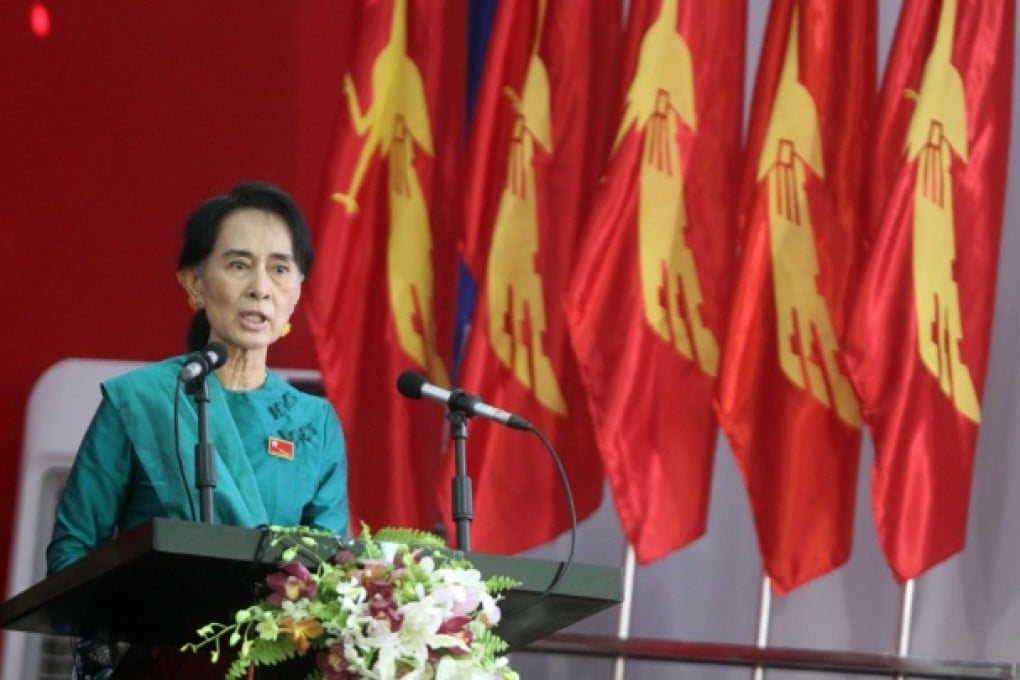 Myanmar opposition leader Aung San Suu Kyi speaks during the first ever congress of her National League for Democracy in Yangon. Photo: AP