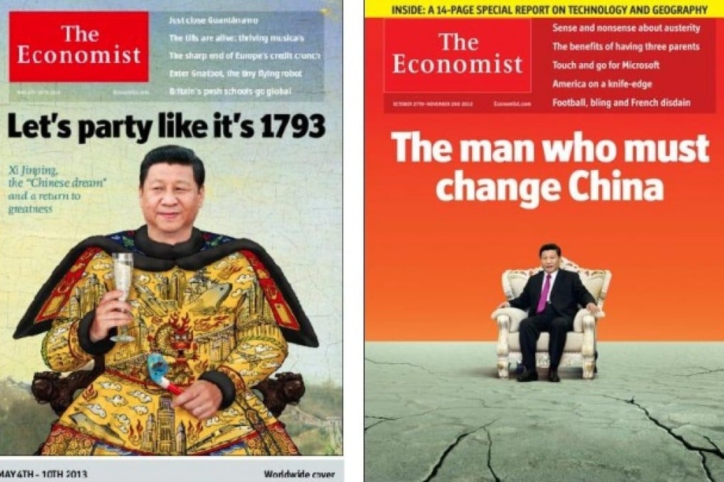 A combination photo of the two The Economist covers with Xi Jinping.