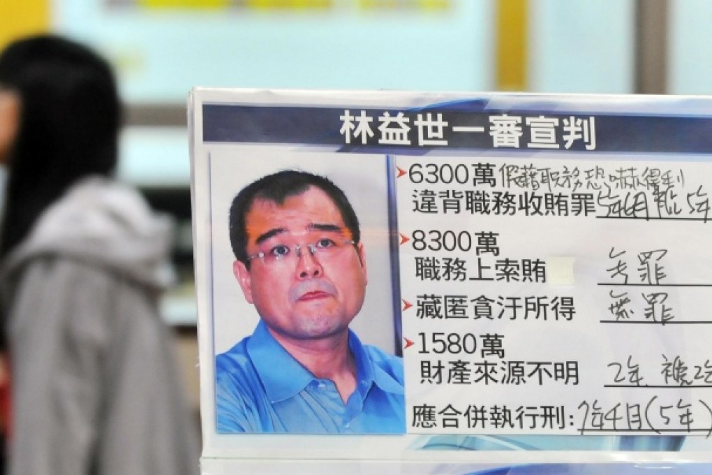 A sign erected by a TV station outside a Taipei district court during the trial of Lin Yi-shih, who was found guilty of extortion. Photo: AFP