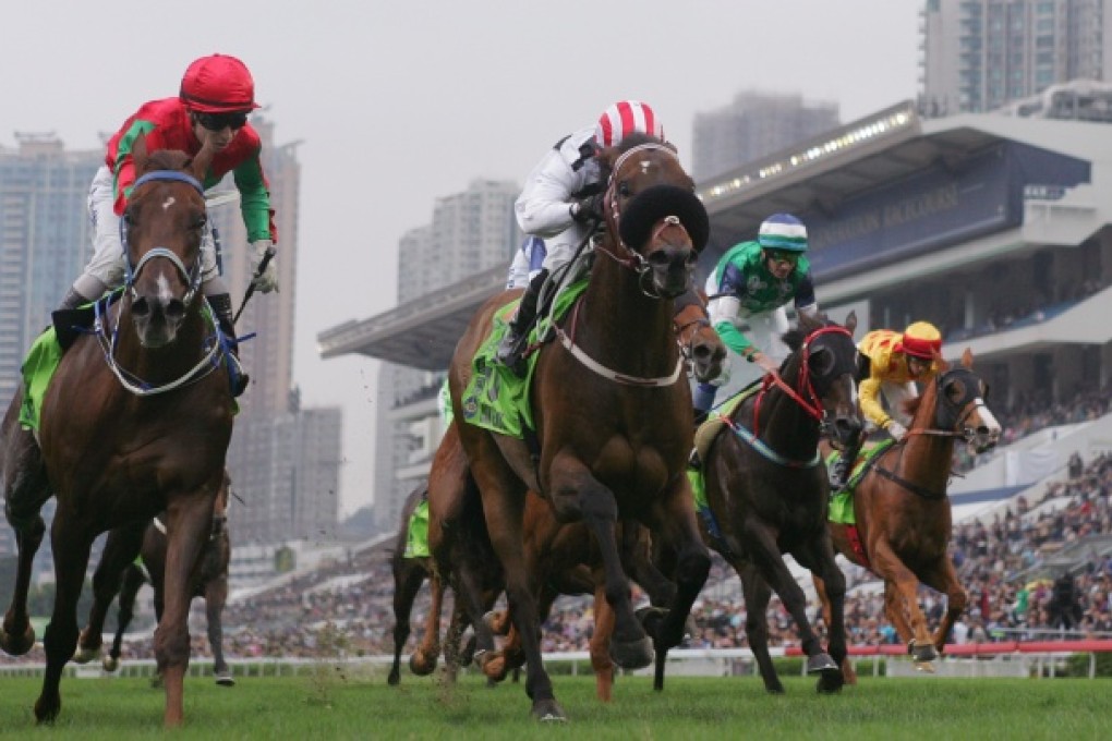 Race 8, Dan Excel(middle), ridden by Weichong Marwing, won the Champions Mile(HK Group 1, 1600m) at Sha Tin. Photo: Kenneth Chan
