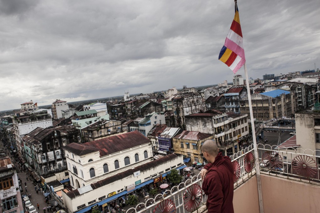 The Musmeah Yeshua Synagogue, in Yangon, seen from the top of a Buddhist temple.