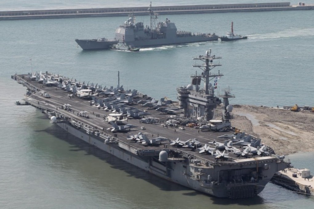 The nuclear-powered aircraft carrier USS Nimitz docks in Busan yesterday ahead of joint exercises with South Korea. Photo: EPA