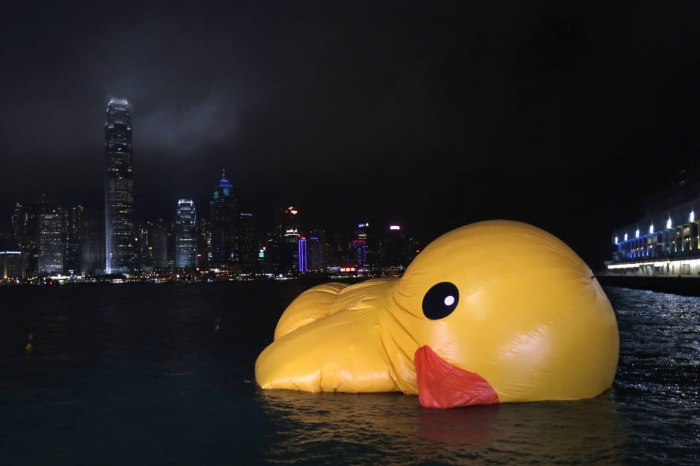 A deflated Rubber Duck by Dutch conceptual artist Florentijn Hofman floats on Hong Kong's Victoria Harbour. Photo: Reuters