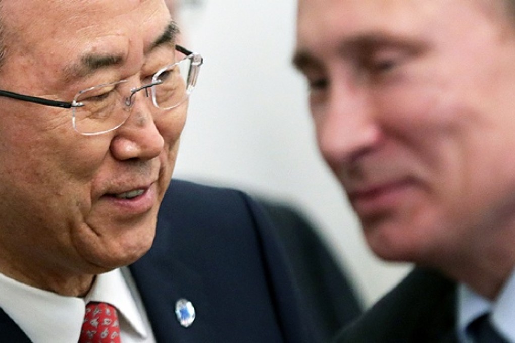 ecretary General of the United Nations Ban Ki-moon and Russian President Vladimir Putin meet ain Blach Sea resourt of Sochi. Photo: AFP