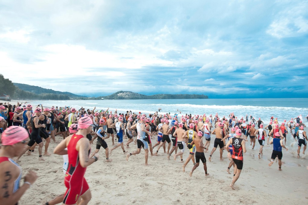 Triathlon competitors at the start in Phuket; sunset at the Avista Hideway Resort and Spa.
