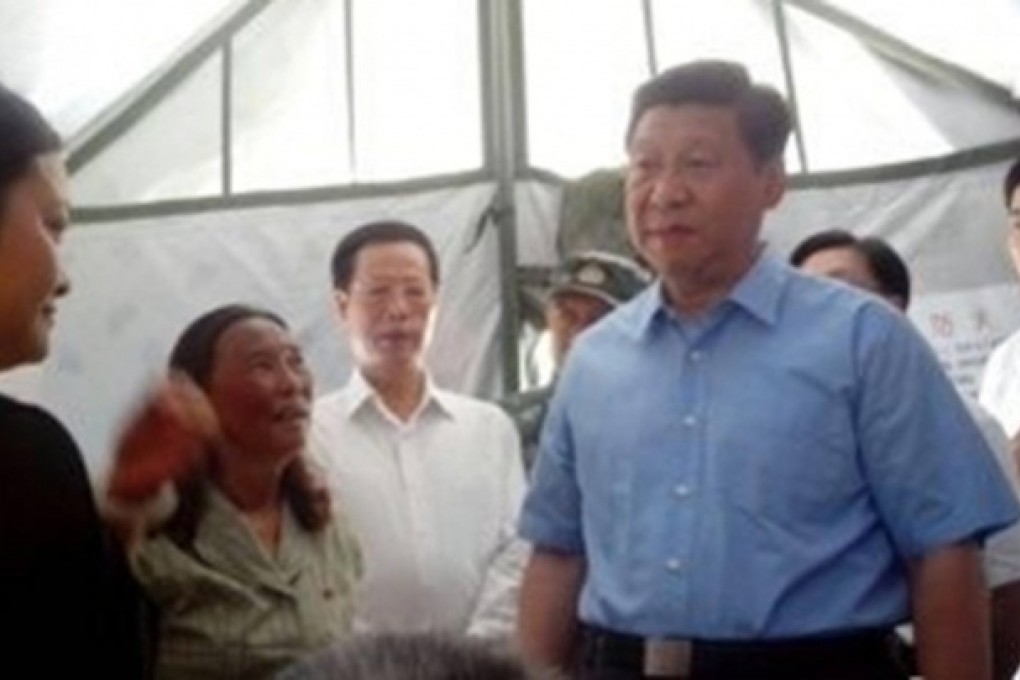 President Xi Jinping yesterday made a surprise visit to schools and temporary shelters in Yaan county, Sichuan. Photo: SCMP