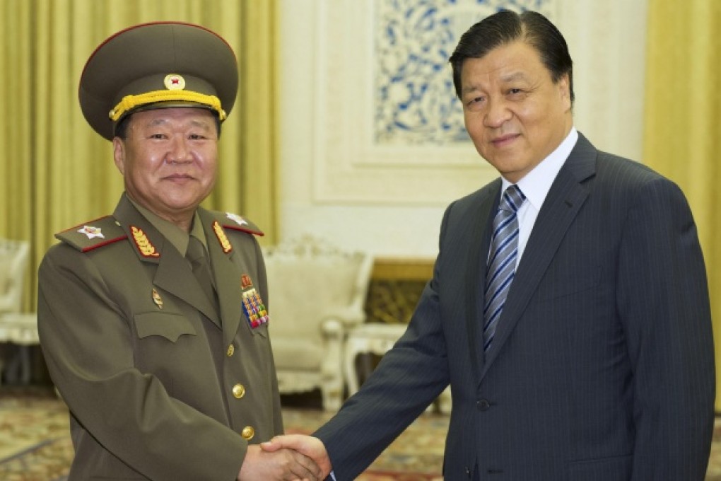 North Korean envoy Choe Ryong-hae meets Standing Committee member Liu Yunshan. Photo: Xinhua