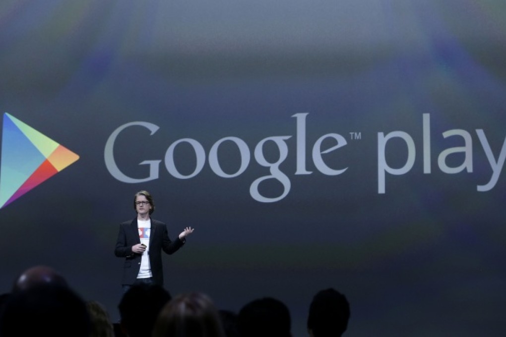 Chris Yerga, engineering director of Android, briefs the media about Google play. Photo: AP