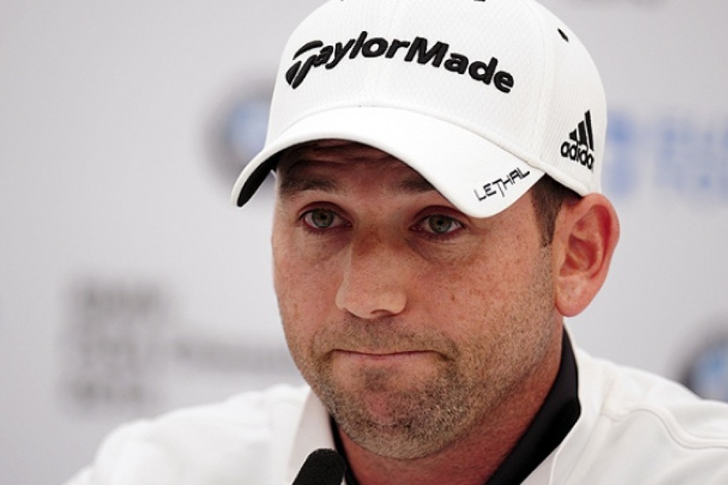 Sergio Garcia speaks to the media at a pro-am tournament at Wentworth, England. Photo: