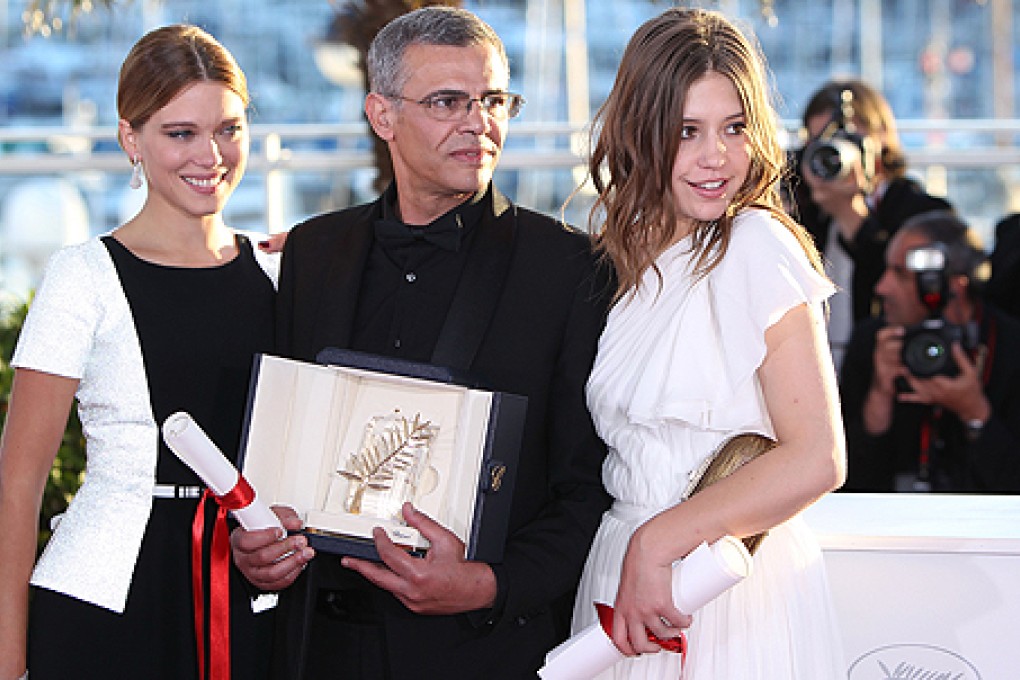 French-Tunisian director Abdellatif Kechiche, with actresses Lea Seydoux (left) and Adele Exarchopoulos, at Cannes. Photo: Xinhua