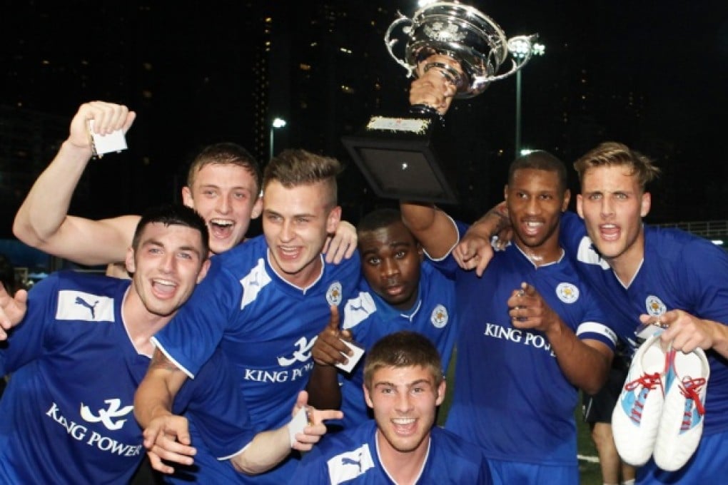 Leicester players celebrate winning the Sevens after defeating Newcastle United 2-0 in last night's Cup final. Photo: Edward Wong