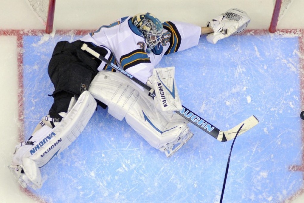 Sharks goalie Antti Niemi blocks a shot against the Kings in their play-off series. Photo: AP