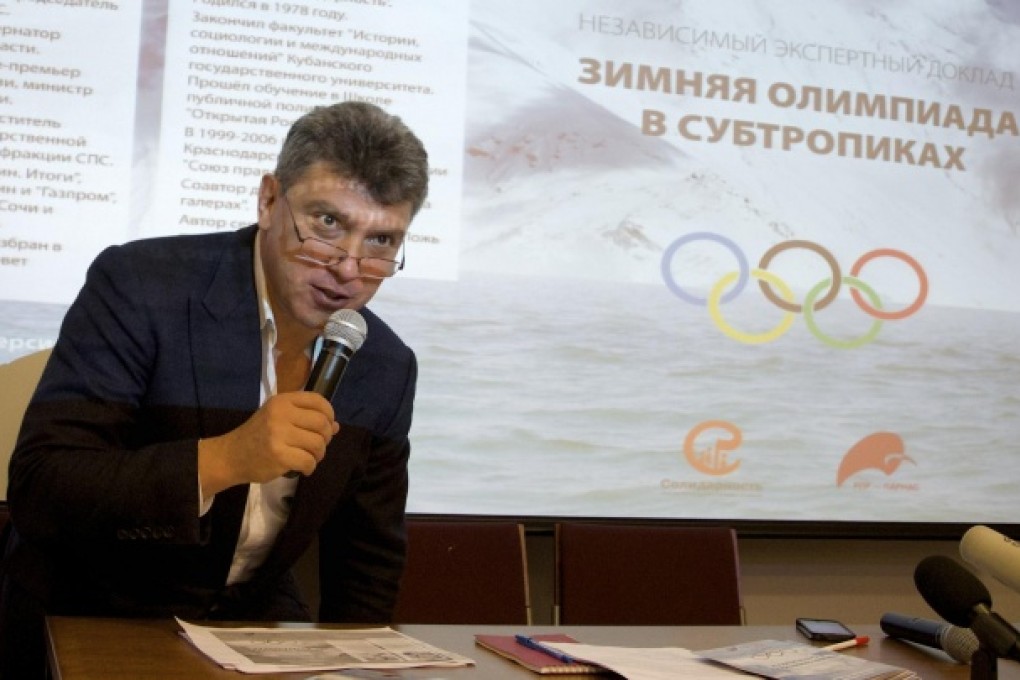 Boris Nemtsov presents the report claiming multibillion-dollar corruption on the Sochi Games. Photo: AP
