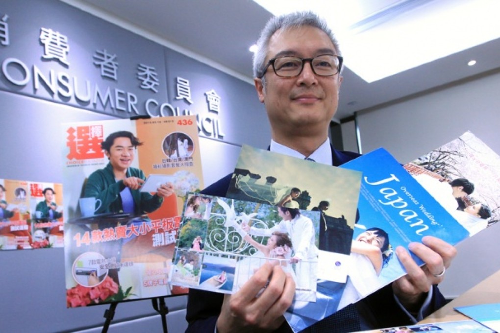 The Consumer Council''s vice-chairman Ambrose Ho with promotional materials for overseas wedding packages. Photo: Jonathan Wong