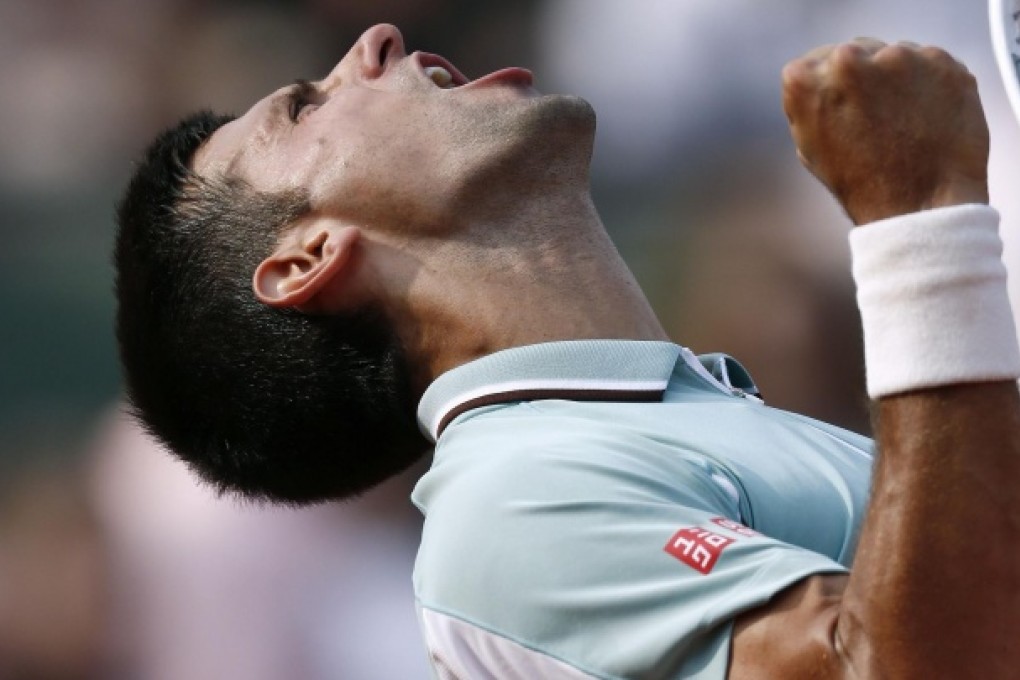 Novak Djokovic celebrates after beating Germany's Tommy Hass in the French Open quarter-final. Photos: AFP
