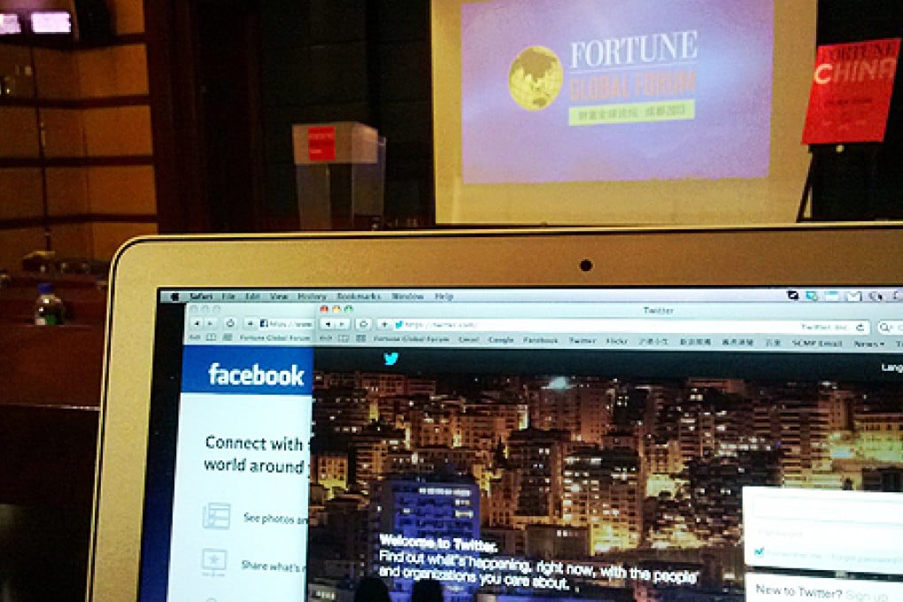 Facebook and Twitter can be accessed from the media centre at the Fortune forum in Chengdu. Photo: George Chen