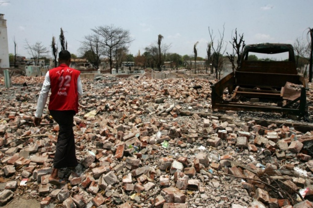 Only rubble remains where a building stood before sectarian violence in Meikhtila, a town once home to a thriving Muslim community in central Myanmar. Photo: AP