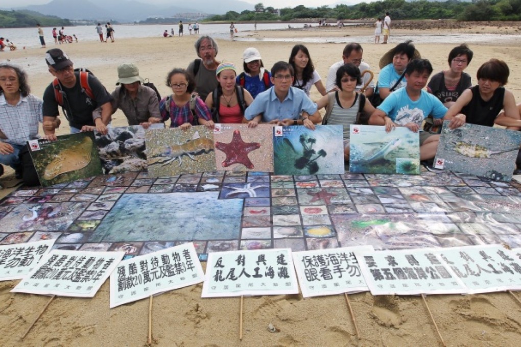 Members of the Save Lung Mei Alliance show pictures of the area's marine life that will be affected by the project. Photo: Nora Tam