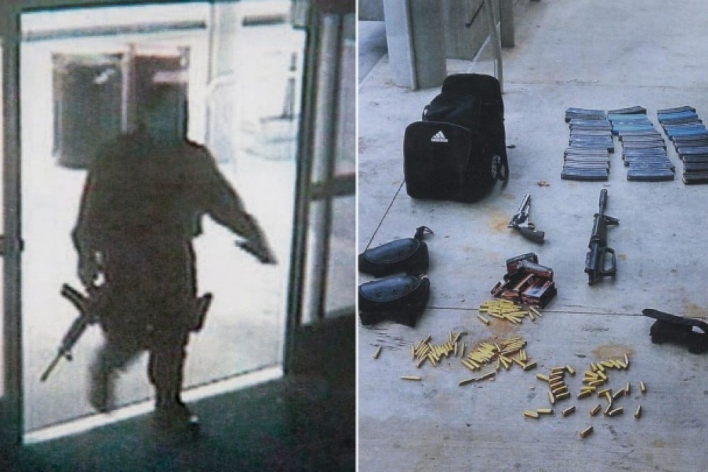 The suspect (left) with weapons and ammunition displayed by police. Photo: EPA