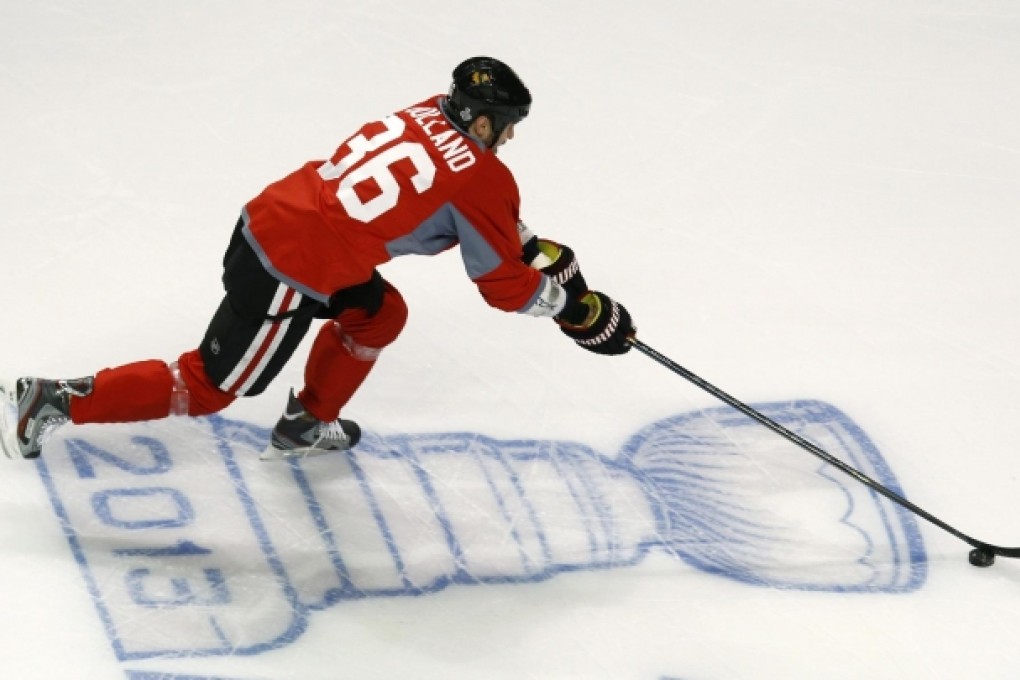 The Blackhawks' Dave Bolland takes part in a practice session ahead of game one in the Stanley Cup final series. Photo: Reuters