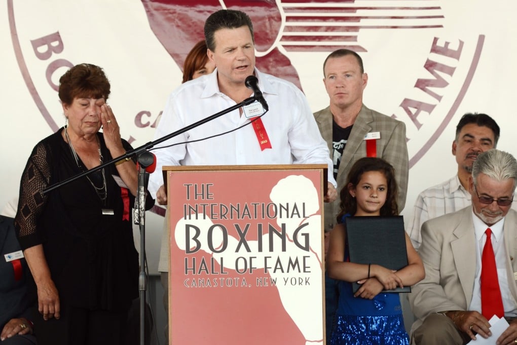 Pat Lynch, former manager of the late Arturo Gatti, gives an acceptance speech on behalf of Gatti, who was inducted into the International Boxing Hall of Fame in Canastota, New York. Photo: AP