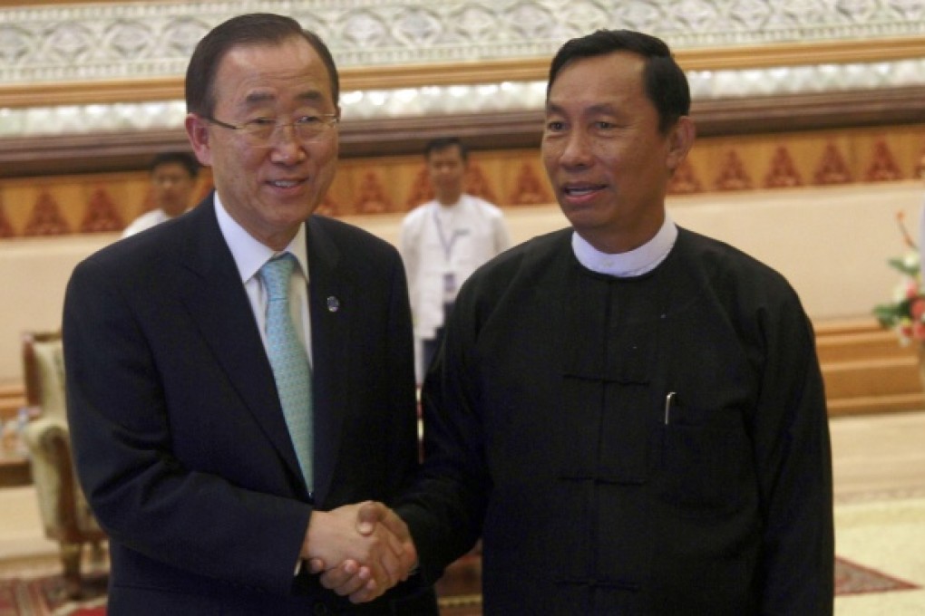 Shwe Mann, right, meets  UN Secretary-General Ban Ki-moon in Naypyitaw, in April 2012. Photo: Associated Press