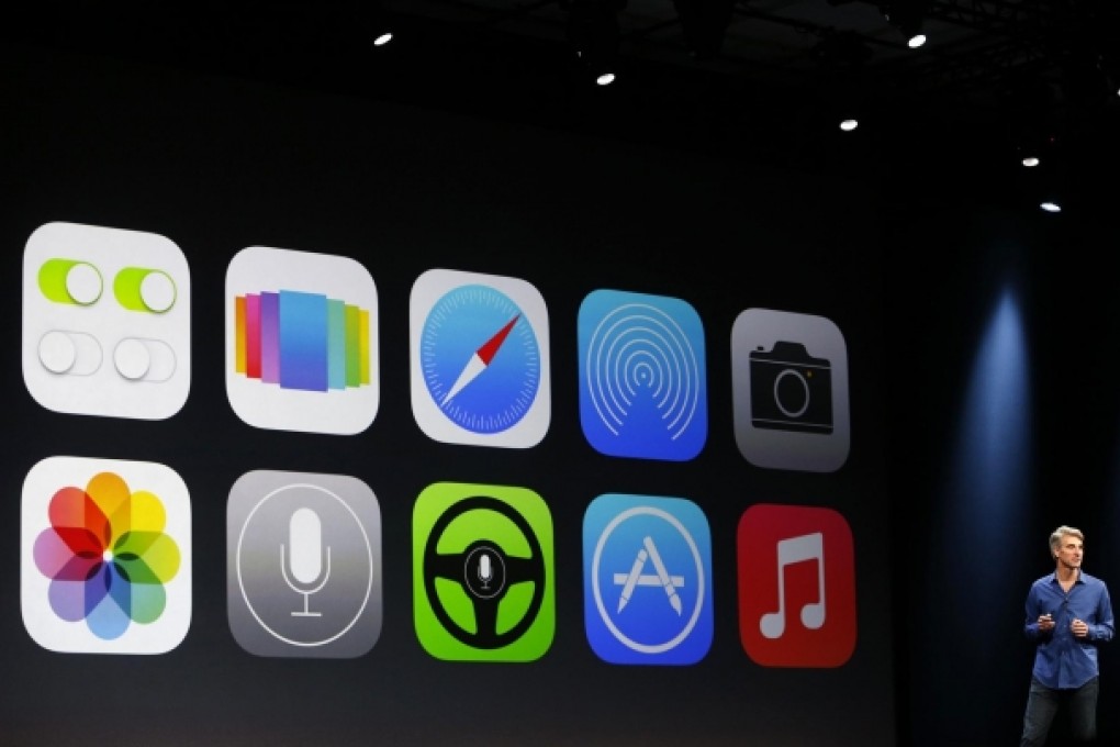 New Apple iOS7 features are displayed on screen during the Apple Worldwide Developers Conference in San Francisco. Photo: Reuters