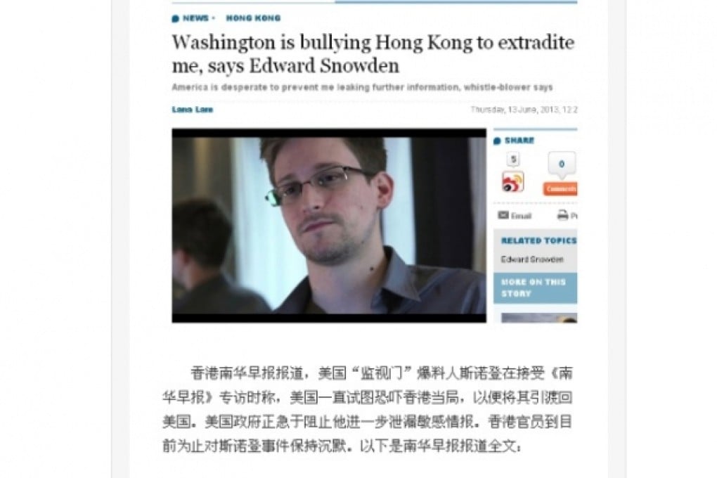 Snowden's interview with SCMP is translated into Chinese and goes viral on Weibo. Photo: screenshot via Weibo