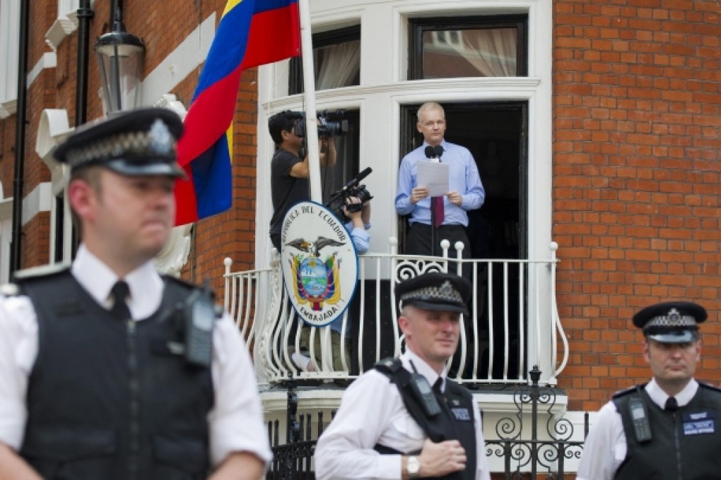 Julian Assange at the Ecuador embassy in London. Photo: EPA