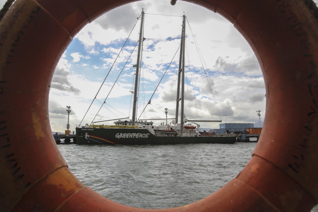 The Rainbow Warrior III arrived at the China Merchants Pier in Kennedy Town yesterday and will stay for a week, opening to the public today and tomorrow. Photo: K.Y. Cheng