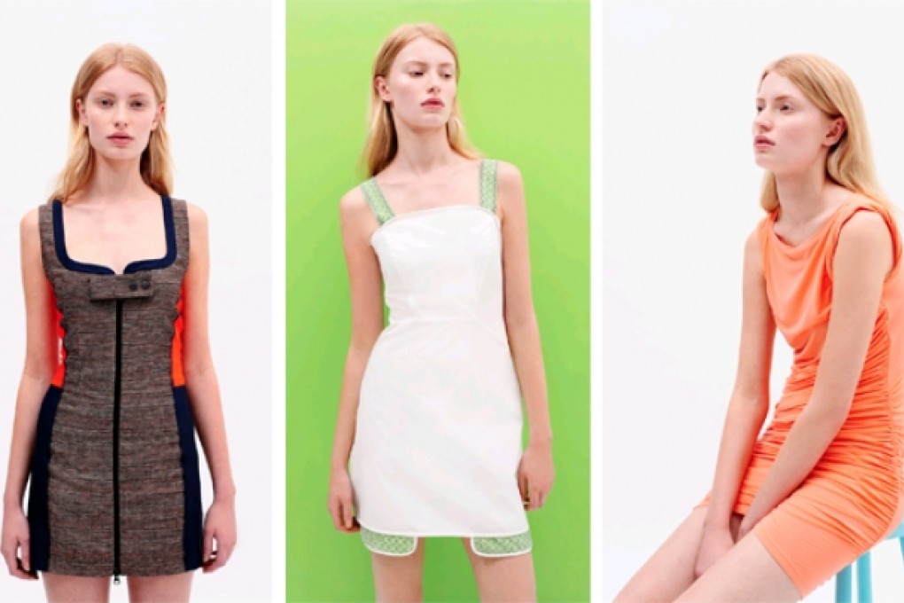 Hussein Chalayan's Grey line (above and below) reflects his love of futurism, and uses sharp lines with summery neon accents.