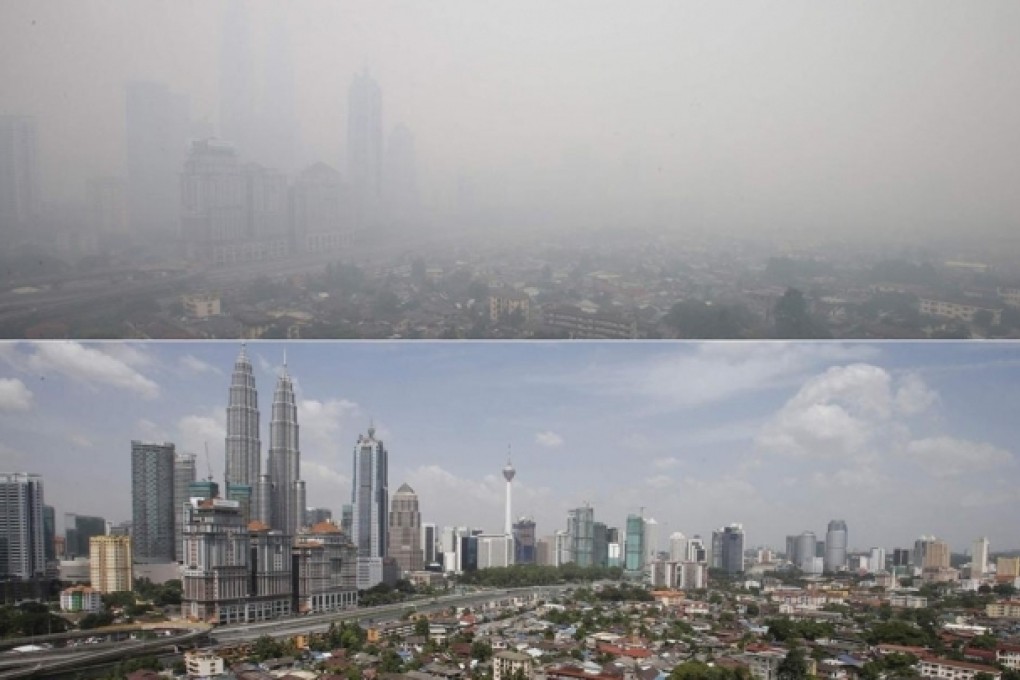 Malaysia's capital, Kuala Lumpur (top), covered in smog yesterday; how the same area looked early last week (bottom). Photos: Reuters