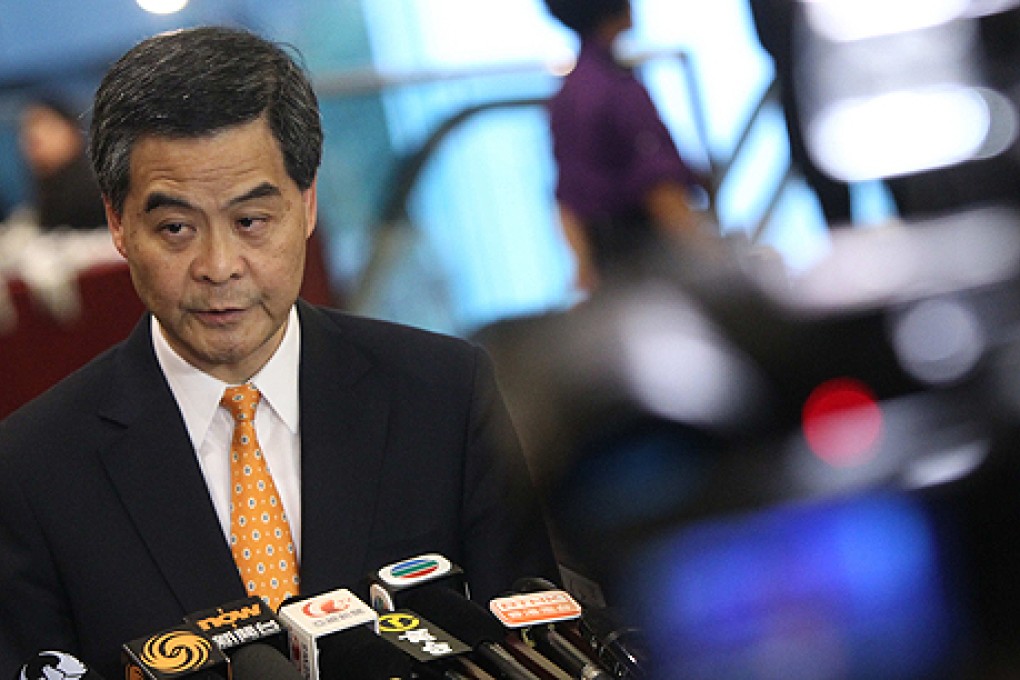 Chief Executive Leung Chun-ying speaking to the meda about the Edward Snowden case on Monday in Hong Kong. Photo: David Wong