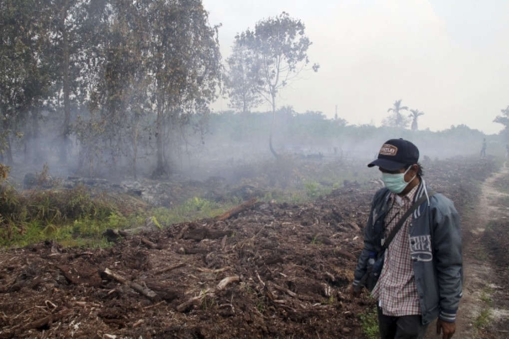 A man walks past a bushfire in Labersa, Riau province, Indonesia. Photo: AP
