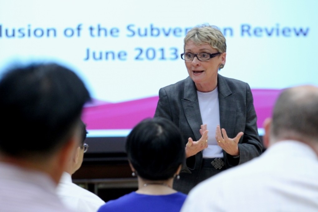 English Schools Foundation (ESF) Chief Executive Heather Du Quesnay held meeting with parents to explain the Education Bureau's proposal and receive comments earlier this month. Photo: Felix Wong