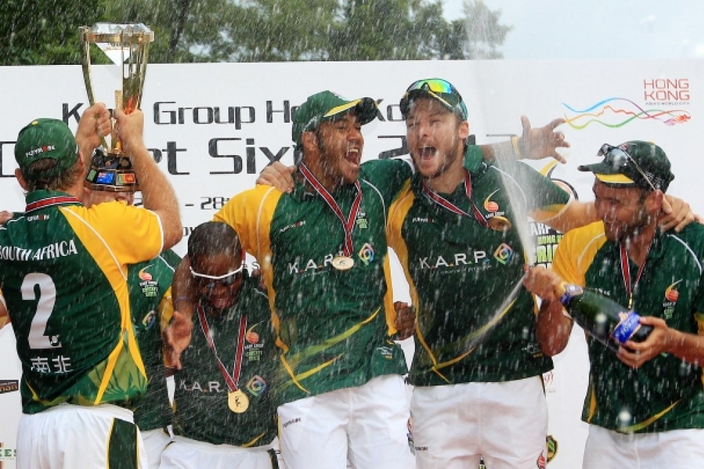 South Africa celebrate winning the cup final of the KARP Group Hong Kong Sixes 2012. Photo: Jonathan Wong