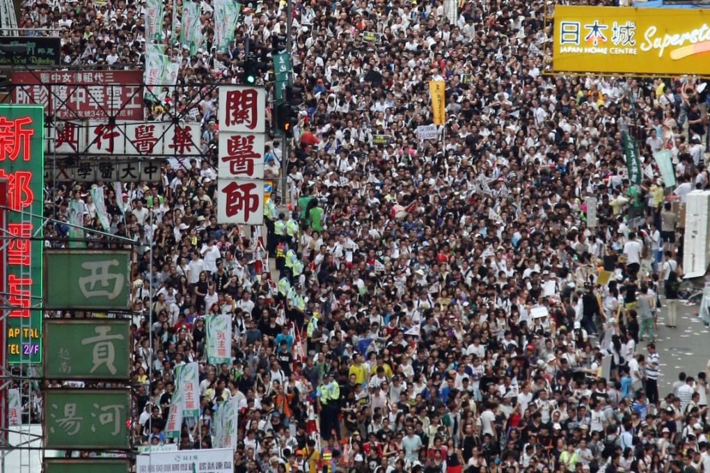 Thousands of pro-democracy protesters march in the streets on July 1 last year. Photo: Felix Wong