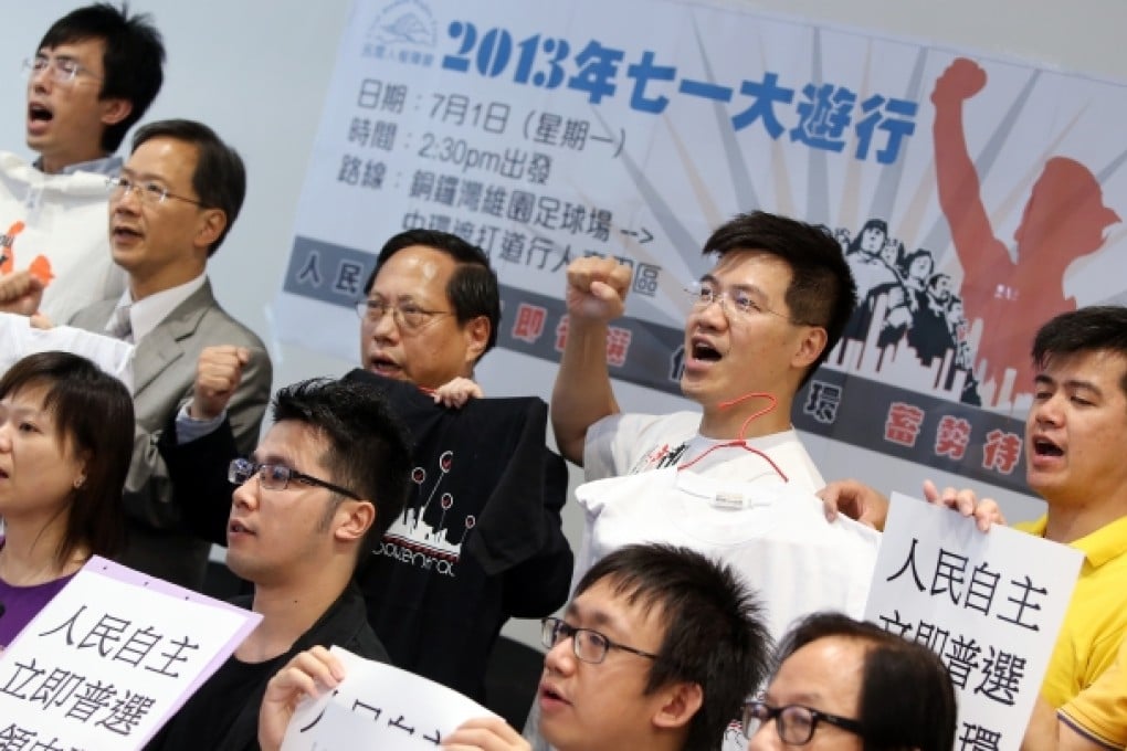 Civil Human Rights Front members in a media briefing on the July 1 march. Photo: Sam Tsang