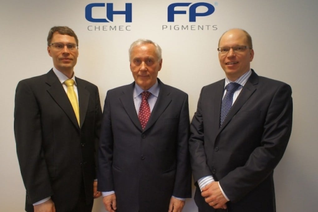 (From left) Roope Maijala, managing director, FP-Pigments; Mikko Maijala, chairman, Chemec and FP-Pigments; and Tapani Niskanen, managing director, Chemec