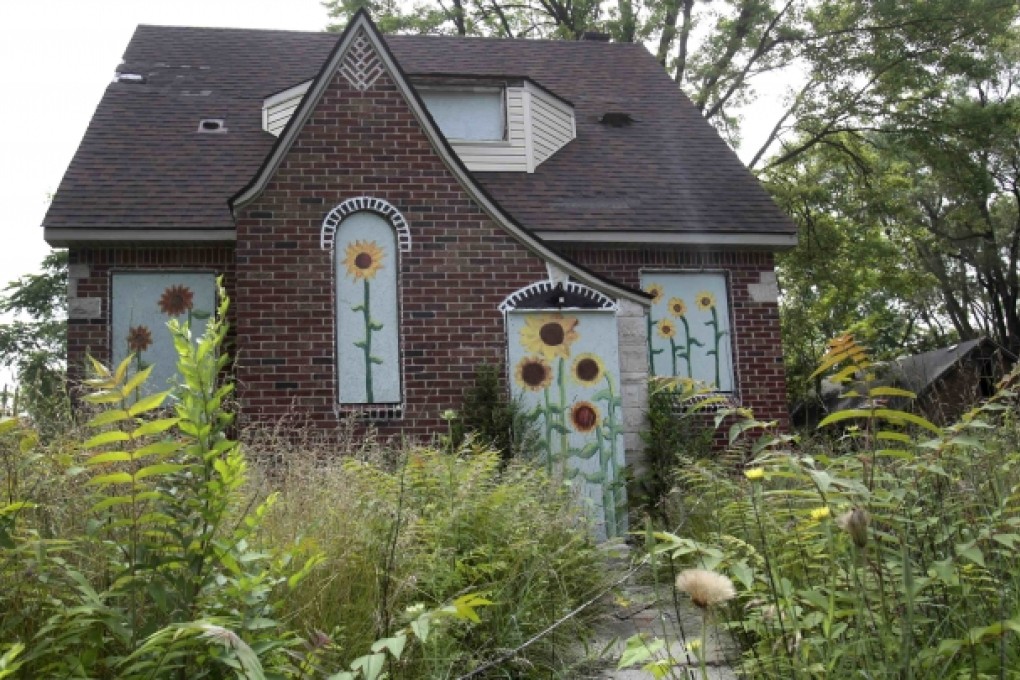 A boarded up house has flowers painted on the planks to keep vandals out in the Brightmoor neighbourhood of Detroit. Photo: Reuters